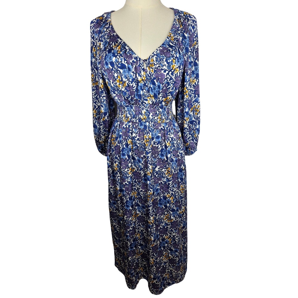 J. Crew Midi Dress XXS Blue Fete Floral Smocked Waist V-Neck BU134‎